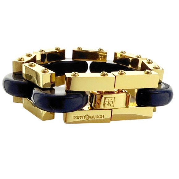 Tory Burch Chunky Statement Gold Tone Chain Bracelet in Blue Enamel Inlay. NWOT - Picture 1 of 7